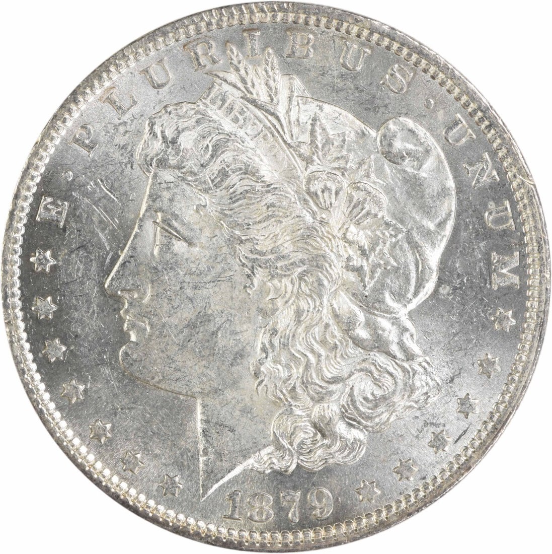 1879 O Morgan Dollar Uncirculated Uncertified New Orleans Mint: 1879 O Morgan Dollar Uncirculated Uncertified New Orleans Mint An 1879-O Morgan Silver Dollar in uncirculated condition, uncertified and graded MS60. This United States coin has a $1 denomination and 