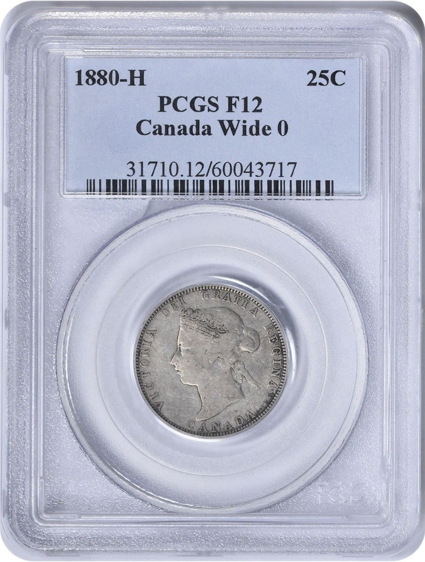 PCGS Graded Canada 25 Cent 1880-H Wide 0 Coin KM5 Fine: PCGS Graded Canada 25 Cent 1880-H Wide 0 Coin KM5 Fine This is an 1880-H Canada 25 Cents coin, identified as KM5, with a wide 0 variety. The coin is graded F12 by PCGS and is circulated. It originates