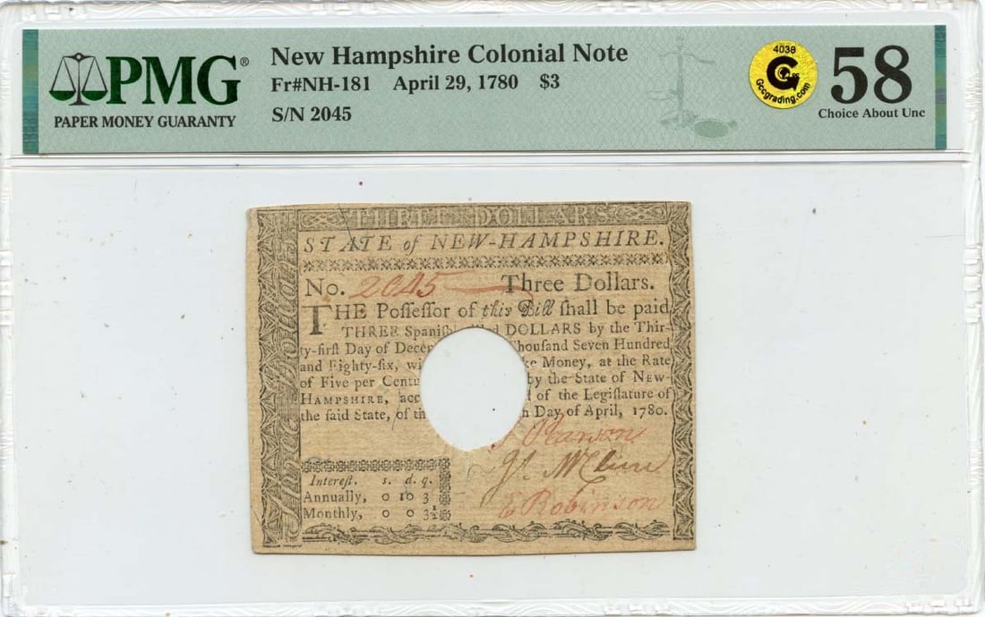 1780 New Hampshire $3 Colonial Note PMG AU58 Certified: 1780 New Hampshire $3 Colonial Note PMG AU58 Certified This historical $3 New Hampshire Colonial Note, dated April 29, 1780, is an excellent addition to any collection. Certified by PMG with a grade o