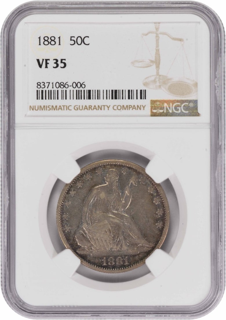 NGC VF35 1881 Seated Liberty Half Dollar: NGC VF35 1881 Seated Liberty Half Dollar This 1881 Liberty Seated Half Dollar is a circulated coin graded VF35 by NGC. Struck in Philadelphia, it features the classic Seated Liberty design by Thomas S
