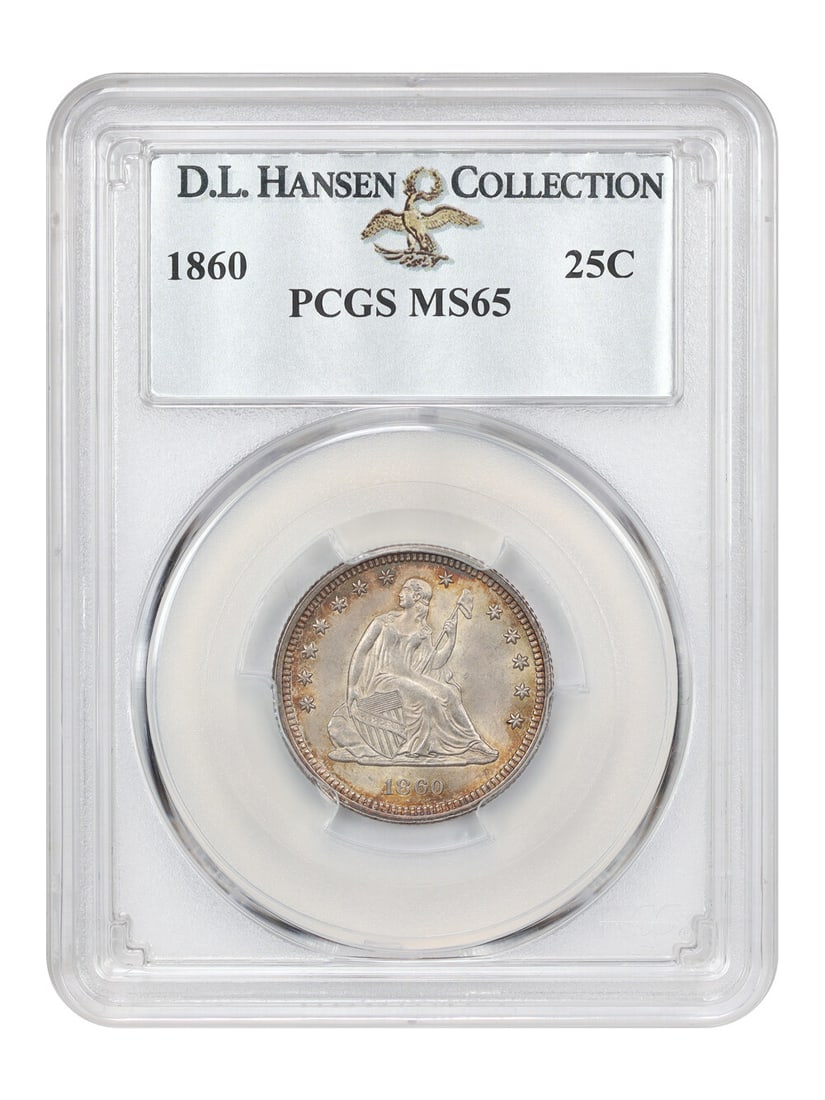 Liberty Seated Quarter 1860 25C PCGS MS65 ex D.L. Hansen: Liberty Seated Quarter 1860 25C PCGS MS65 ex D.L. Hansen An 1860 Liberty Seated Quarter, graded PCGS MS65, from the Philadelphia Mint. This uncirculated example is described as a popular pre-Civil War