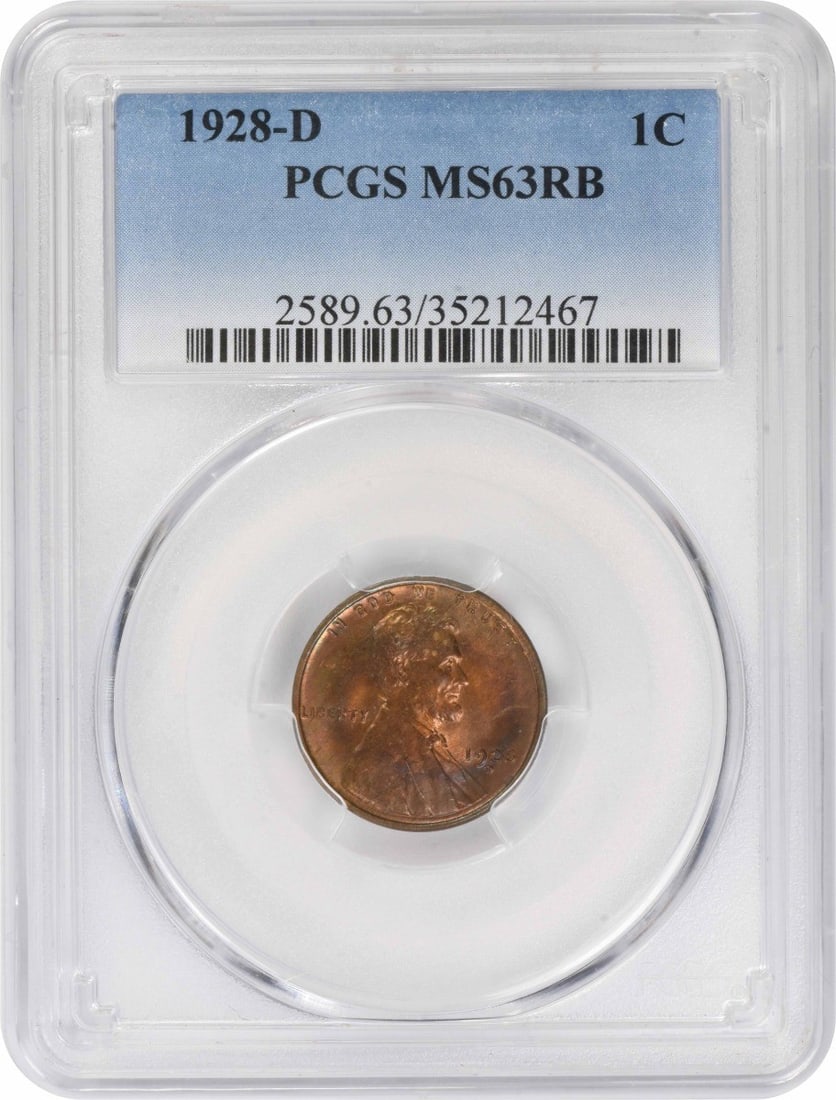 PCGS MS63RB 1928 D Lincoln Wheat Small Cent: PCGS MS63RB 1928 D Lincoln Wheat Small Cent 1928-D Lincoln Cent graded MS63RB by PCGS. This uncirculated Lincoln Wheat small cent is made of copper and is identified as a pre-owned United States coin.