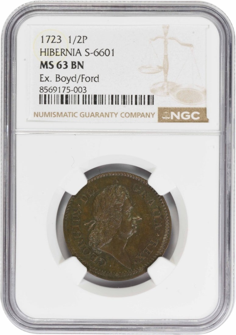 NGC MS63BN 1723 Hibernia Half Cent Colonial Copper Coin: NGC MS63BN 1723 Hibernia Half Cent Colonial Copper Coin Uncirculated 1723 1/2 Cent Hibernia colonial coin certified by NGC and graded MS63BN. It is composed of copper and listed in pre-owned condition