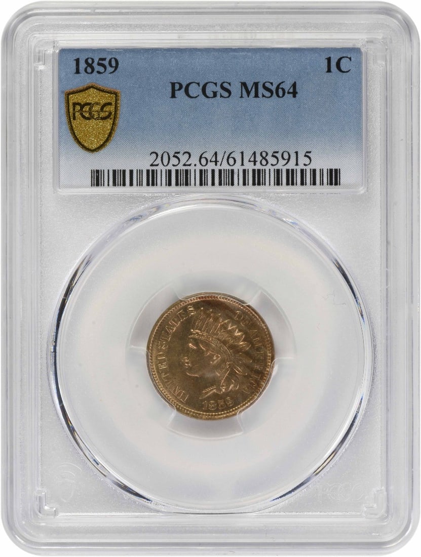 PCGS MS64 Indian Head Small Cent 1859 Philadelphia Mint: PCGS MS64 Indian Head Small Cent 1859 Philadelphia Mint This 1859 Indian Head cent is graded MS64 by PCGS, indicating an uncirculated coin with minimal marks and excellent eye appeal. Struck at the Ph
