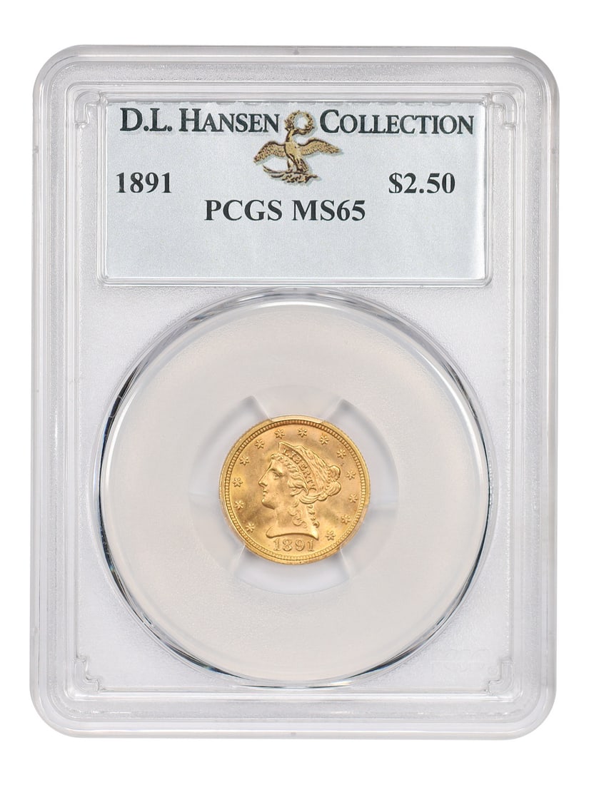 PCGS MS65 1891 Liberty Head $2.50 Gold ex D.L. Hansen: PCGS MS65 1891 Liberty Head $2.50 Gold ex D.L. Hansen This 1891 $2.50 Liberty Head quarter eagle is an uncirculated Philadelphia issue certified by PCGS. It comes from a low mintage of 10,960 coins st