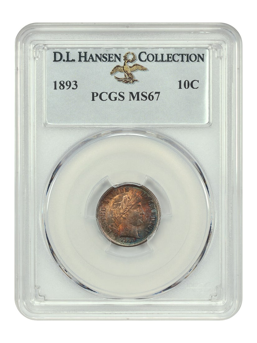 Barber Dime 1893 PCGS MS67 10C ex D.L. Hansen: Barber Dime 1893 PCGS MS67 10C ex D.L. Hansen An 1893 10C Barber Dime graded PCGS MS67 and certified by PCGS, with certification number 34534735. This uncirculated Philadelphia issue is described as a