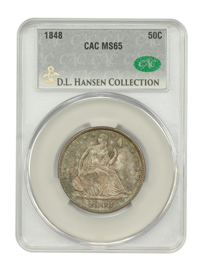 1848 Liberty Seated Half Dollar 50C CACG MS65 ex D.L. Hansen: 1848 Liberty Seated Half Dollar 50C CACG MS65 ex D.L. Hansen An 1848 Liberty Seated Half Dollar graded MS65 and certified by CACG. Minted in Philadelphia, this 50C coin is described as a difficult dat