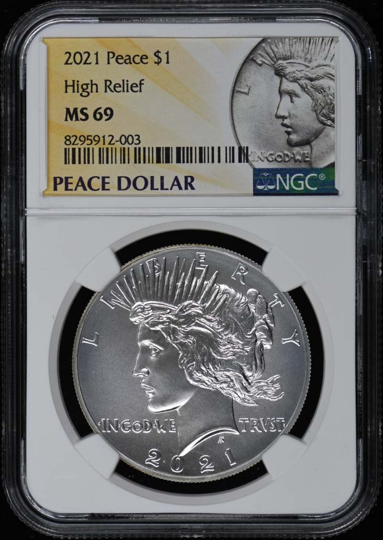 2021 High Relief Peace Dollar NGC Certified MS69 United States Coin: 2021 High Relief Peace Dollar NGC Certified MS69 United States Coin This 2021 Peace High Relief $1 coin is certified by NGC with a grade of MS70. Issued by the United States, this pre-owned coin offer