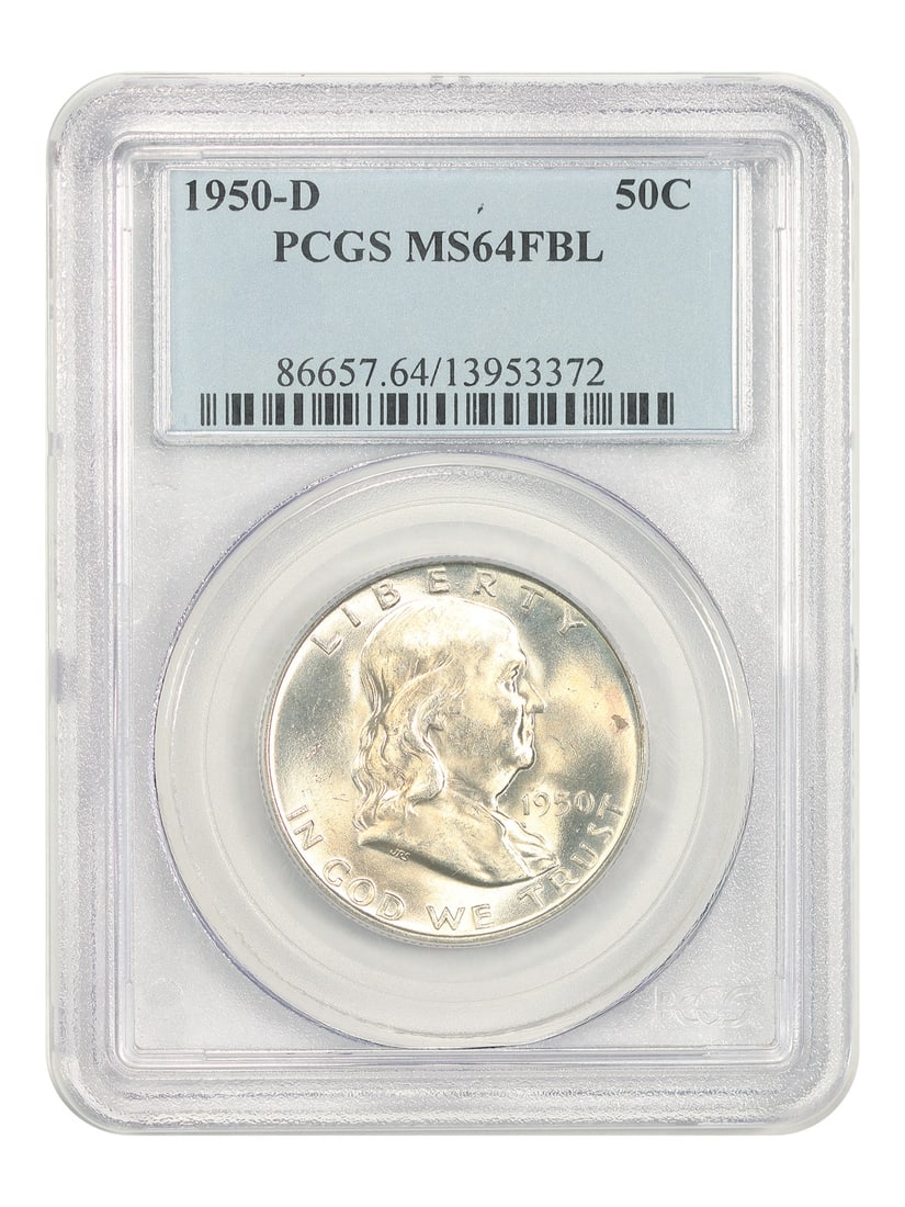 PCGS MS64FBL 1950 D Franklin Half Dollar 50C: PCGS MS64FBL 1950 D Franklin Half Dollar 50C 1950-D Franklin Half Dollar in uncirculated condition, certified by PCGS as MS64FBL. The coin is a pre-owned 50C issue from the Denver mint. Specifications