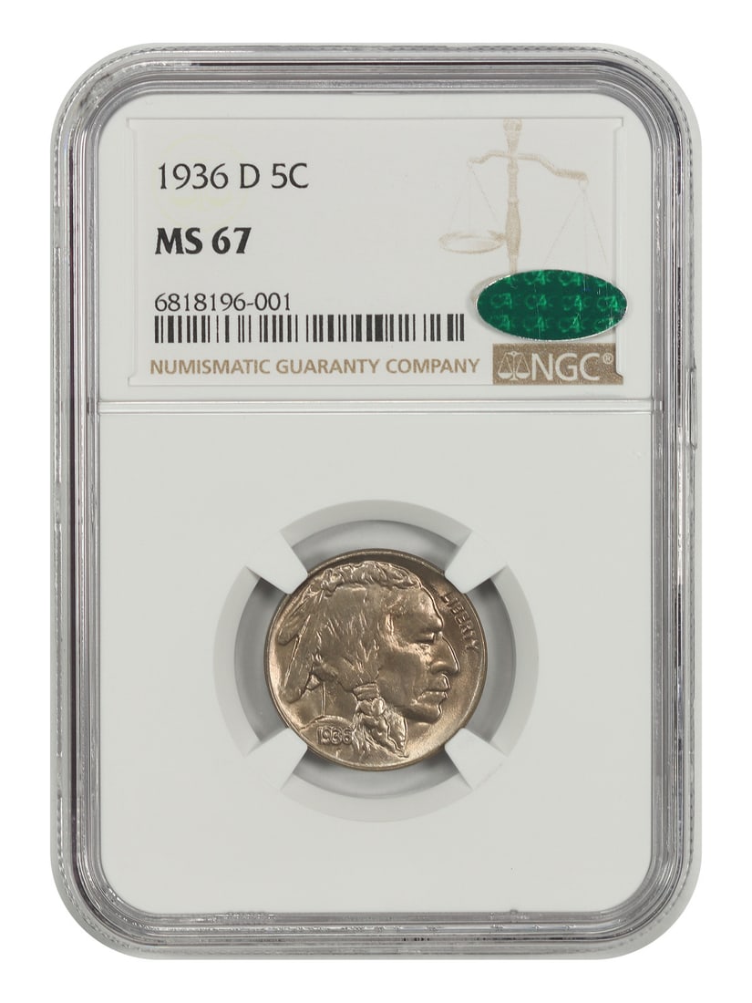 Buffalo Nickel 1936-D 5C NGC CAC MS67: Buffalo Nickel 1936-D 5C NGC CAC MS67 1936-D Buffalo Nickel graded MS67 by NGC and CAC approved. The coin is described as sharp and lustrous with original rose-gold color adorning both sides. It is an
