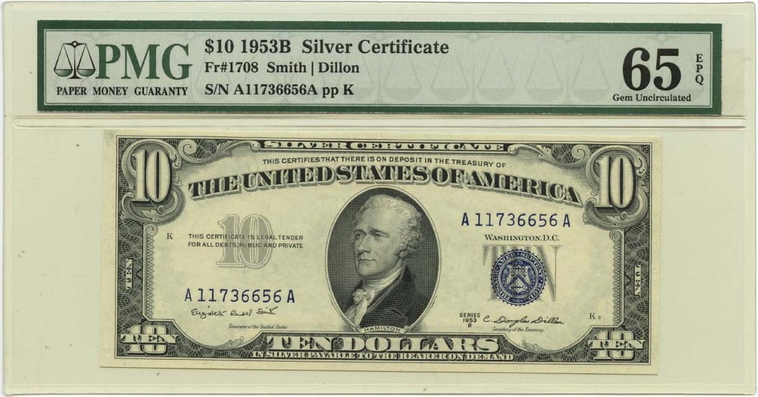 1953B $10 Silver Certificate Fr# 1708 PMG GEM 65 EPQ: 1953B $10 Silver Certificate Fr# 1708 PMG GEM 65 EPQ This 1953 $10 Silver Certificate is a stunning piece of currency, graded PMG GEM 65 EPQ, indicating its exceptional quality. Featuring the signatur