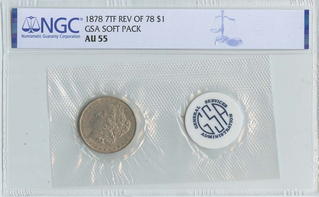 NGC AU55 Morgan Dollar 1878 7 Tail Feathers Reverse of 78 Soft Pack: NGC AU55 Morgan Dollar 1878 7 Tail Feathers Reverse of 78 Soft Pack This is an 1878 7 Tail Feathers Reverse of 78 Morgan Dollar, presented in a GSA soft pack. Certified by NGC with a grade of AU55, th
