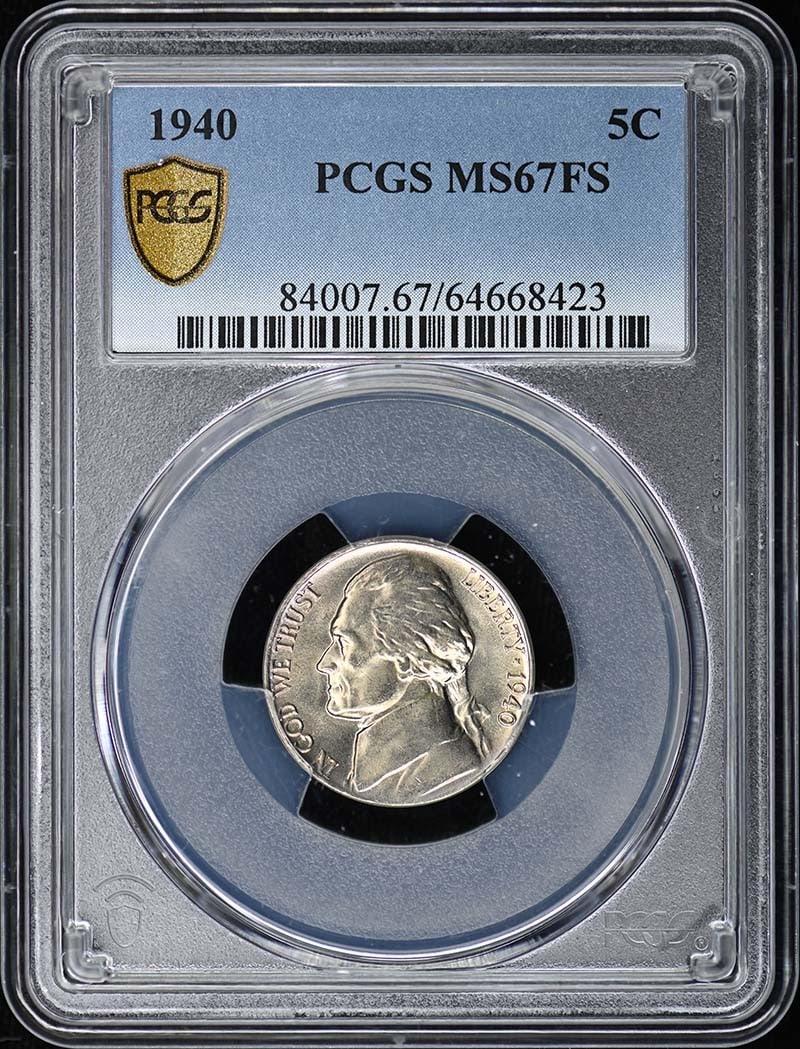 1940 Jefferson Nickel MS67FS Graded by PCGS Uncirculated: 1940 Jefferson Nickel MS67FS Graded by PCGS Uncirculated This is a 1940 Jefferson Nickel from the United States, graded MS67FS by PCGS. The coin is uncirculated and features the Full Steps (FS) design
