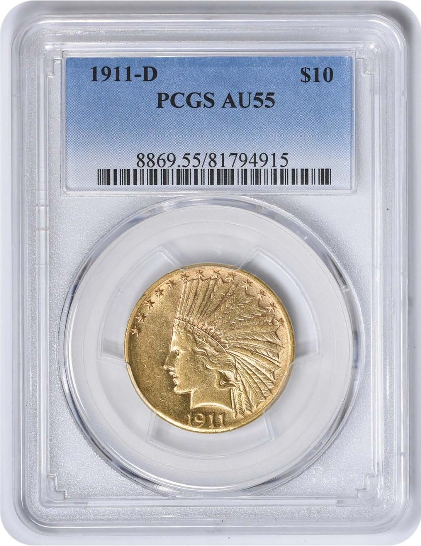 1911-D $10 Gold Indian Coin AU55 PCGS Certified: 1911-D $10 Gold Indian Coin AU55 PCGS Certified This 1911-D $10 Gold Indian coin features the distinguished design by Augustus Saint Gaudens, showcasing its historical significance and artistry. Struc
