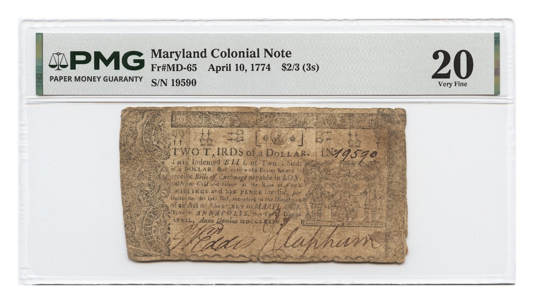 1774 Maryland Colonial Currency $2 3 3s Note PMG VF20: 1774 Maryland Colonial Currency $2 3 3s Note PMG VF20 Maryland Colonial Currency note, denomination $2/3 (3s), dated Apr. 10, 1774. It is certified by PMG and graded VF20, with stains noted. The note 