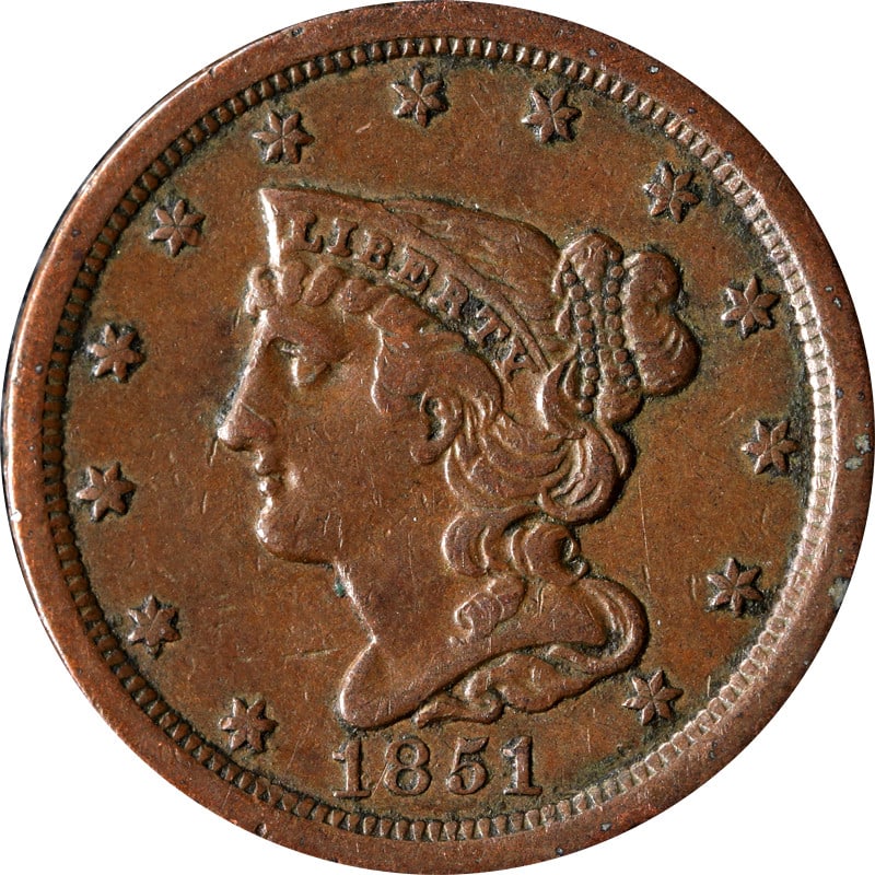1851 Copper Braided Hair Half Cent: 1851 Copper Braided Hair Half Cent This 1851 Braided Hair Half Cent is a circulated coin from the United States, composed of copper. It is a pre-owned item and is not certified. This coin represents a