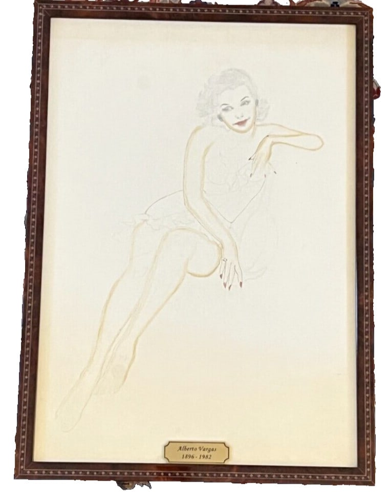 Alberto Vargas Ruffle Dress Pencil Ink Painting 16.1 x 20.3: Alberto Vargas Ruffle Dress Pencil Ink Painting 16.1 x 20.3 Experience the elegance of this striking painting titled 'Ruffle Dress' by renowned Peruvian-American artist Alberto Vargas (1896-1982). Cra