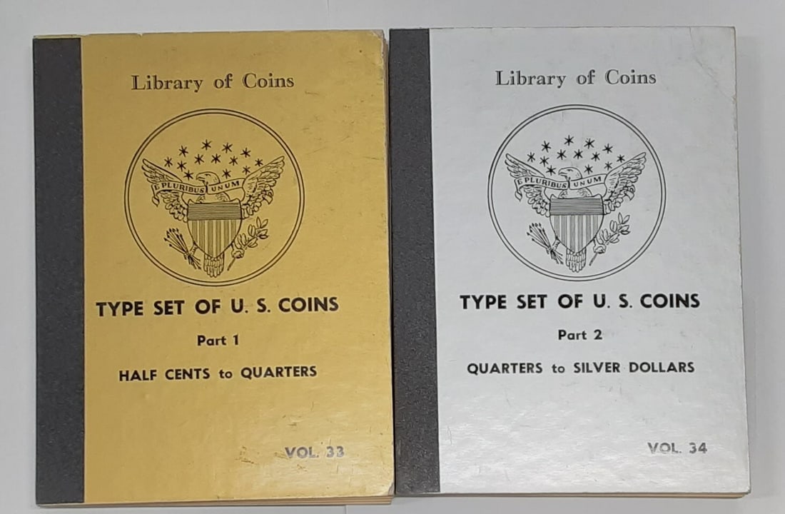Type Set Album Collection Library of Coins Parts 1 and 2 Half Cent to Silver Dollar: Type Set Album Collection Library of Coins Parts 1 and 2 Half Cent to Silver Dollar Library of Coins Type Set Albums of U.S. Coins Part 1 and 2 include spaces for Half Cents through Silver Dollars. Th