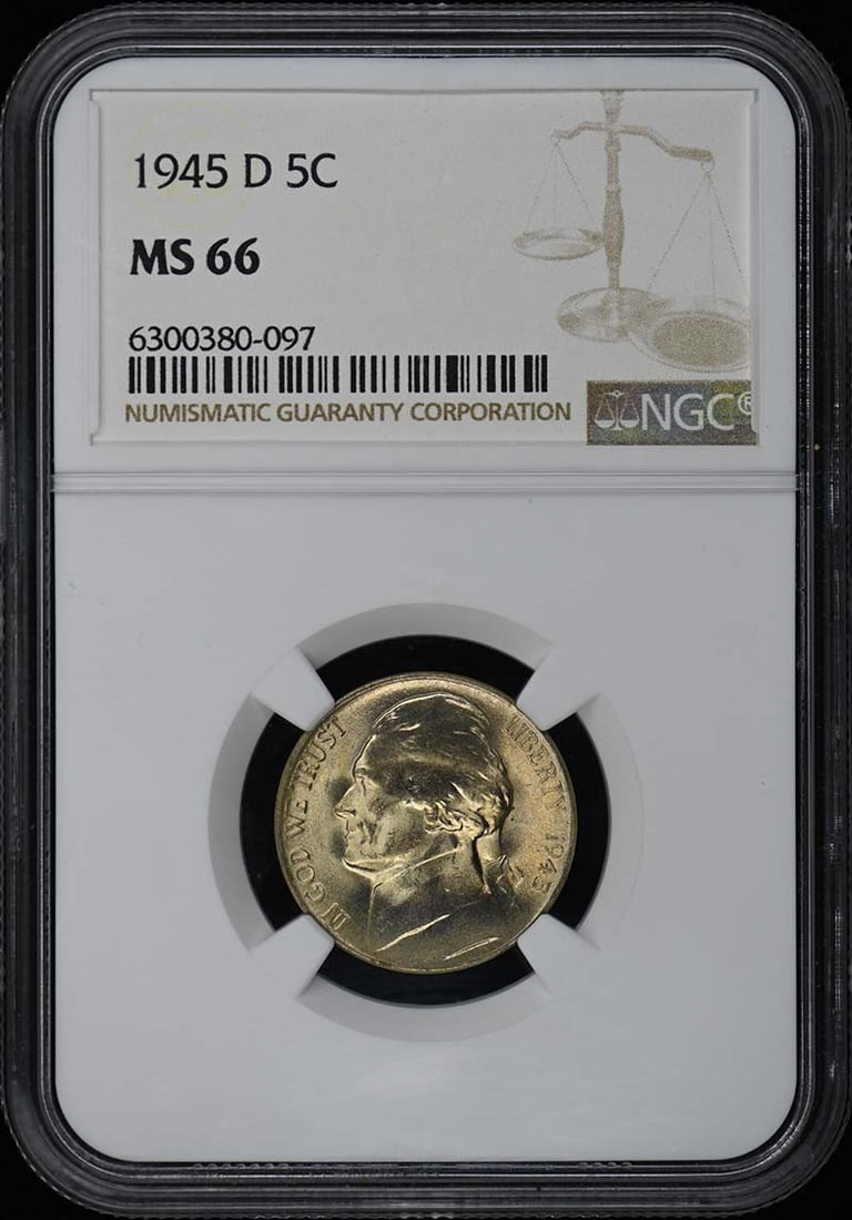 1945-D Jefferson Nickel NGC MS66 Uncirculated Coin: 1945-D Jefferson Nickel NGC MS66 Uncirculated Coin This 1945-D Jefferson Nickel is an exceptional piece certified by NGC with a grade of MS66, indicating it is in uncirculated condition. Struck at the
