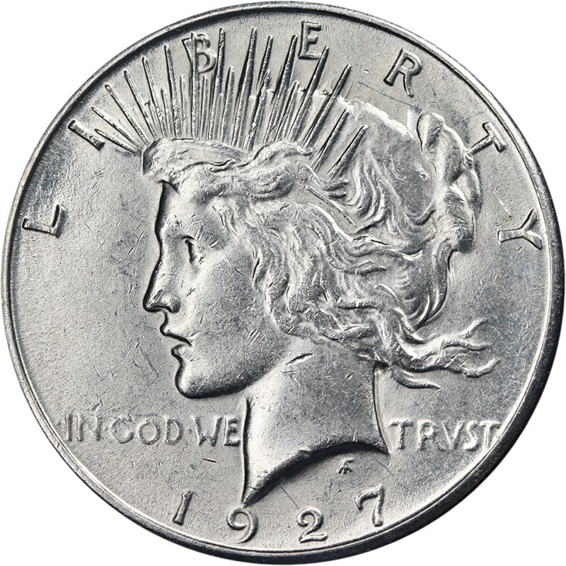 1927-S Silver Peace Dollar Uncertified Nice Unc: 1927-S Silver Peace Dollar Uncertified Nice Unc This 1927-S Peace Dollar is an uncirculated silver coin from the United States, noted for its attractive luster, strong strike, and bright white surface