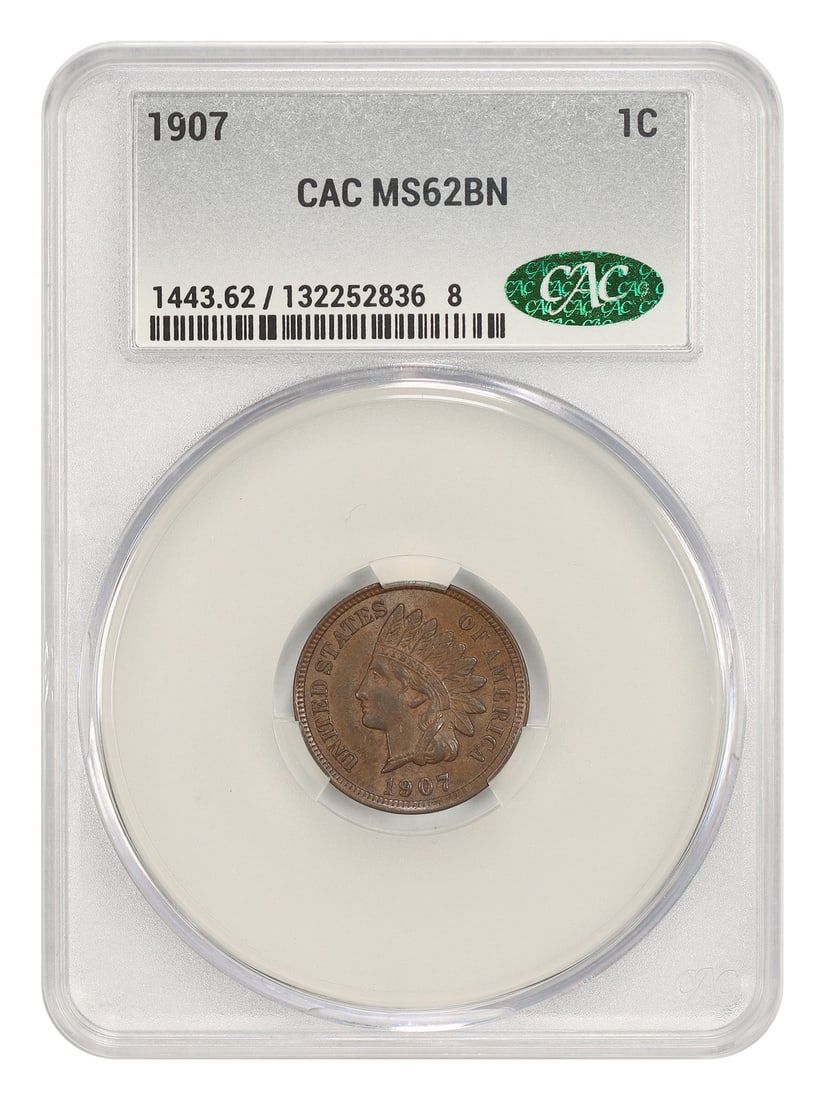 Indian Cent 1907 1C CACG MS62BN: Indian Cent 1907 1C CACG MS62BN 1907 Indian Cent 1C certified by CACG and graded MS62BN. This uncirculated Philadelphia issue is pre-owned and identified by certification number 132252836. Specificati