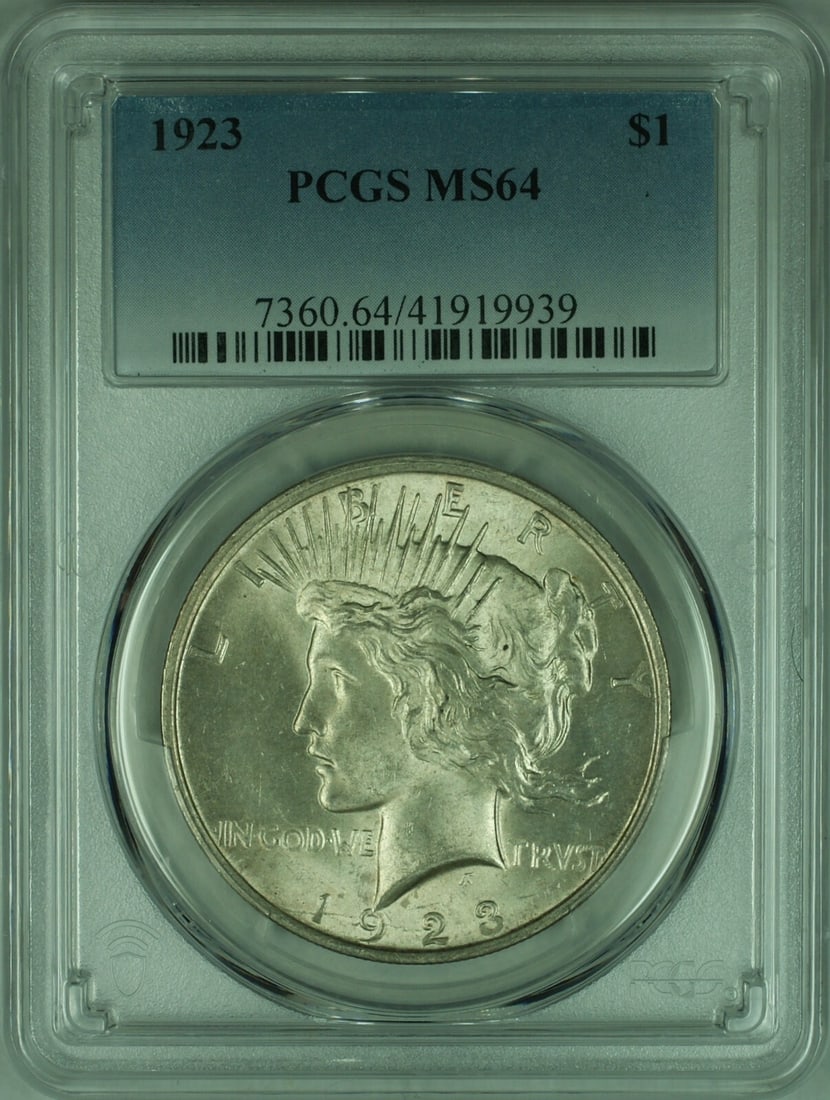 PCGS MS-64 1923 Peace Dollar Silver Coin Light Toning: PCGS MS-64 1923 Peace Dollar Silver Coin Light Toning This 1923 Peace Silver Dollar features a beautiful light toning and is graded MS-64 by PCGS. Struck in Philadelphia, it is composed of 90% silver 