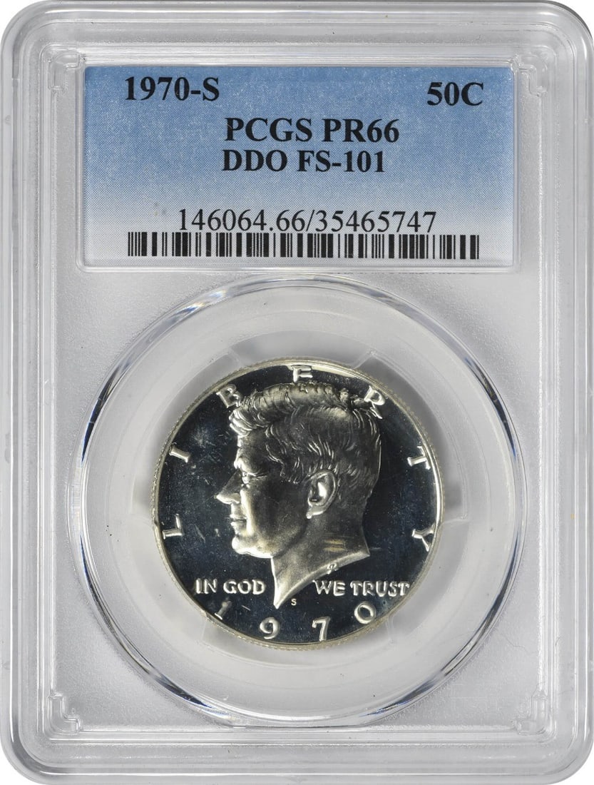 1970-S Kennedy Half Dollar DDO FS-101 PR66 PCGS Uncirculated: 1970-S Kennedy Half Dollar DDO FS-101 PR66 PCGS Uncirculated This 1970-S Kennedy Silver Clad Half Dollar showcases exceptional details with a PR66 grade from PCGS. Struck at the San Francisco mint, th