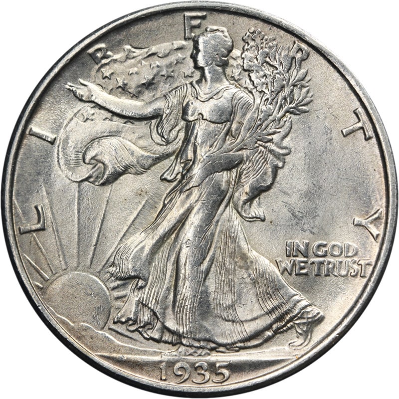1935 D Walking Liberty Half Dollar Choice BU Silver: 1935 D Walking Liberty Half Dollar Choice BU Silver This original 1935-D Walking Liberty Half Dollar is an uncirculated coin with bright luster and a strong strike. The coin features attractive color 