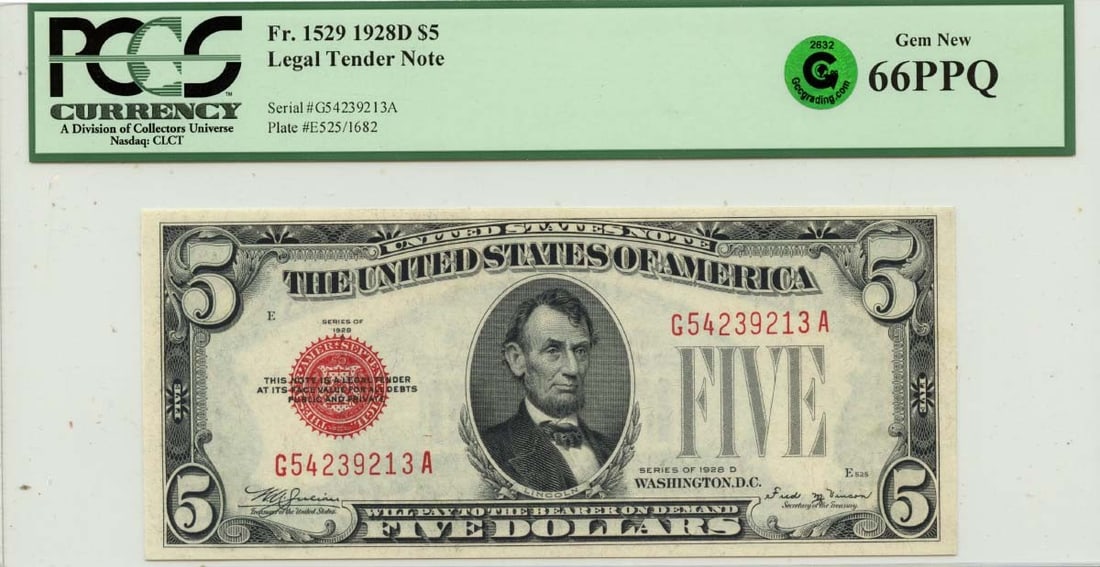 PCGS GEM 66 PPQ 1928D Five Dollar US Legal Tender Note FR1529: PCGS GEM 66 PPQ 1928D Five Dollar US Legal Tender Note FR1529 This is a 1928D $5 Legal Tender Note from the United States, certified by PCGS Currency and graded as GEM 66 PPQ. The note is uncirculated