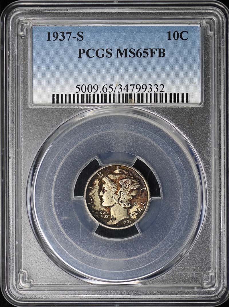 1937 San Francisco Mercury Dime PCGS MS65 Full Bands: 1937 San Francisco Mercury Dime PCGS MS65 Full Bands This is a 1937-S Mercury Dime graded MS65FB by PCGS. The coin is uncirculated and was minted in San Francisco. It features the Full Bands (FB) desi