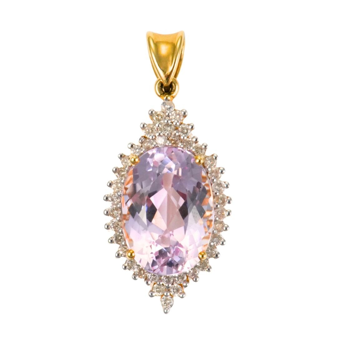 Vintage 14K Yellow Gold Oval Kunzite Diamond Amulet Pendant (1 of 5)