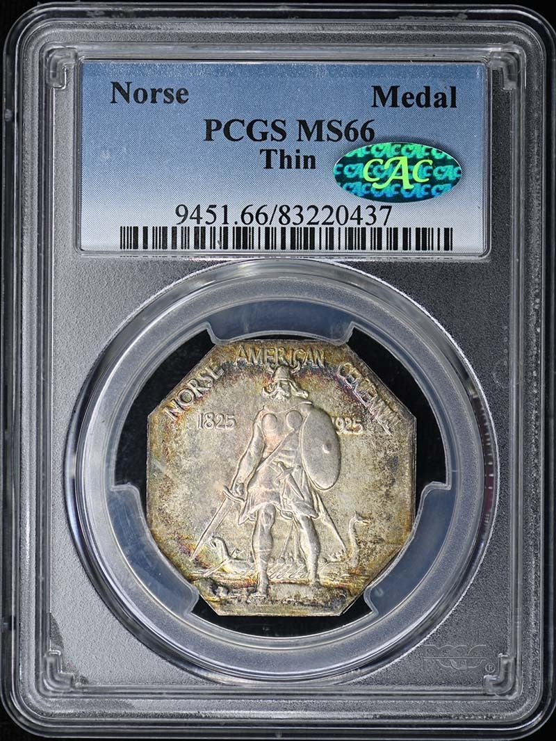 Thin Variety Norse 50c Silver Medal PCGS MS66 CAC: Thin Variety Norse 50c Silver Medal PCGS MS66 CAC This is a Norse Medal Thin variety struck in silver, graded MS66 by PCGS and certified with CAC approval. The medal is uncirculated and was minted in 