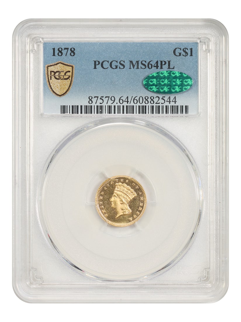 1878 Philadelphia Gold Dollar G$1 PCGS CAC MS64PL: 1878 Philadelphia Gold Dollar G$1 PCGS CAC MS64PL 1878 G$1 Gold Dollar from Philadelphia, certified by PCGS and designated MS64PL with CAC validation. This uncirculated coin is described as a rare pro