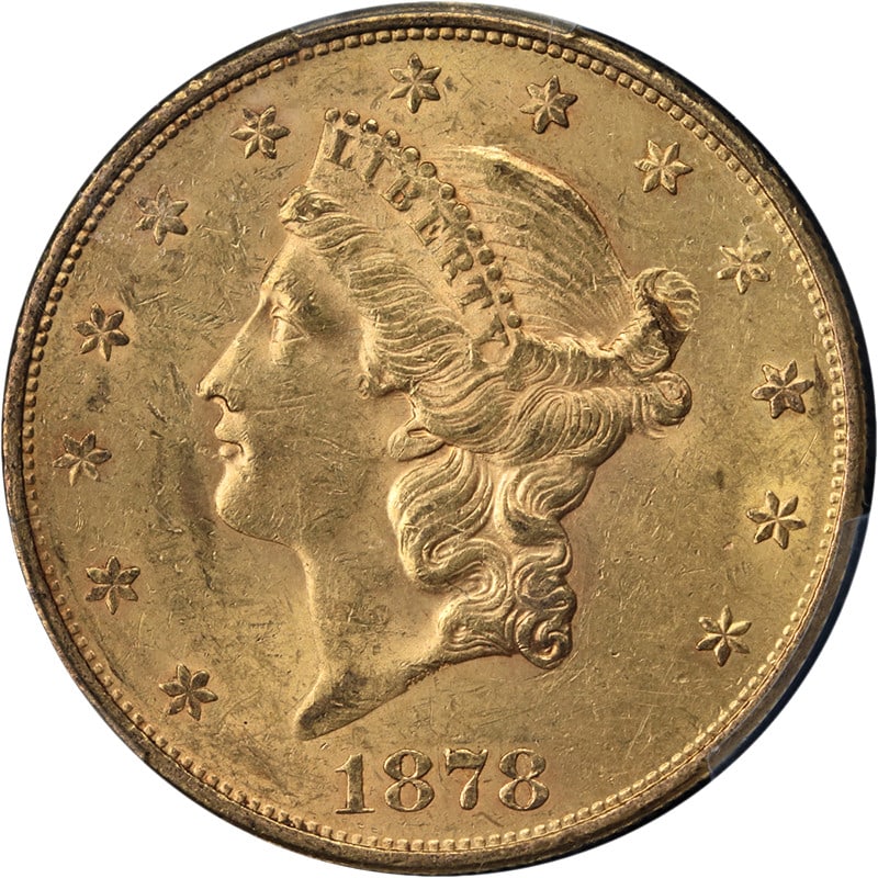 PCGS MS60 1878-S Liberty Head $20 Gold Coin Uncirculated Lustrous Strike: PCGS MS60 1878-S Liberty Head $20 Gold Coin Uncirculated Lustrous Strike The 1878-S Liberty Gold $20 coin, certified by PCGS with a grade of MS60, features nice luster, a strong strike, and attractive