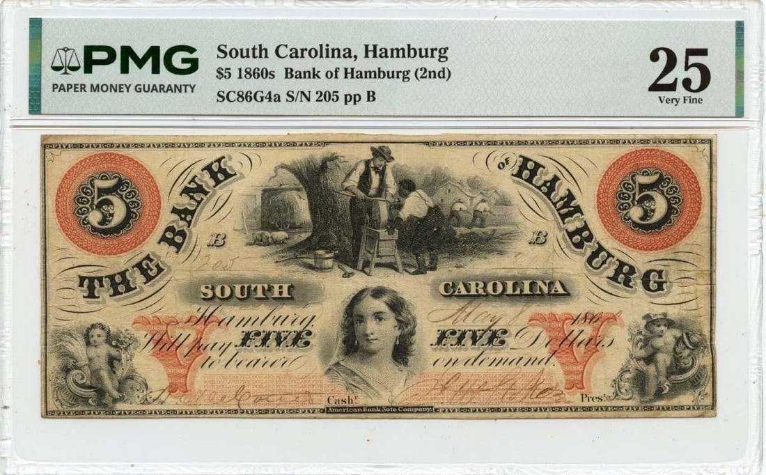 Bank of Hamburg 1860 Five Dollar Obsolete Currency PMG VF25: Bank of Hamburg 1860 Five Dollar Obsolete Currency PMG VF25 This is an 1860 $5 obsolete note issued by the Bank of Hamburg in South Carolina. The note is certified by PMG with a grade of VF25, indicat