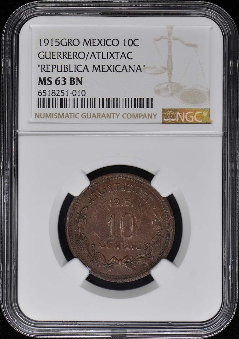 1915 Mexico Guerrero Atlixco 10C NGC MS63 Uncirculated Coin: 1915 Mexico Guerrero Atlixco 10C NGC MS63 Uncirculated Coin This 1915 Guerrero/Atlixco 10 Centavos coin from Mexico is in uncirculated condition, graded MS63 by NGC. A remarkable piece for any numisma
