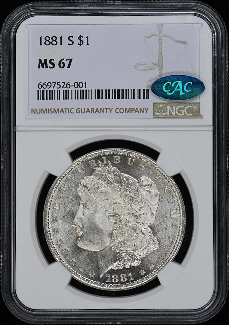 1881-S Morgan Dollar NGC MS67 CAC Certified Uncirculated: 1881-S Morgan Dollar NGC MS67 CAC Certified Uncirculated This stunning 1881-S Morgan Dollar is certified by NGC with a grade of MS67, indicating its uncirculated condition and exceptional quality. Thi