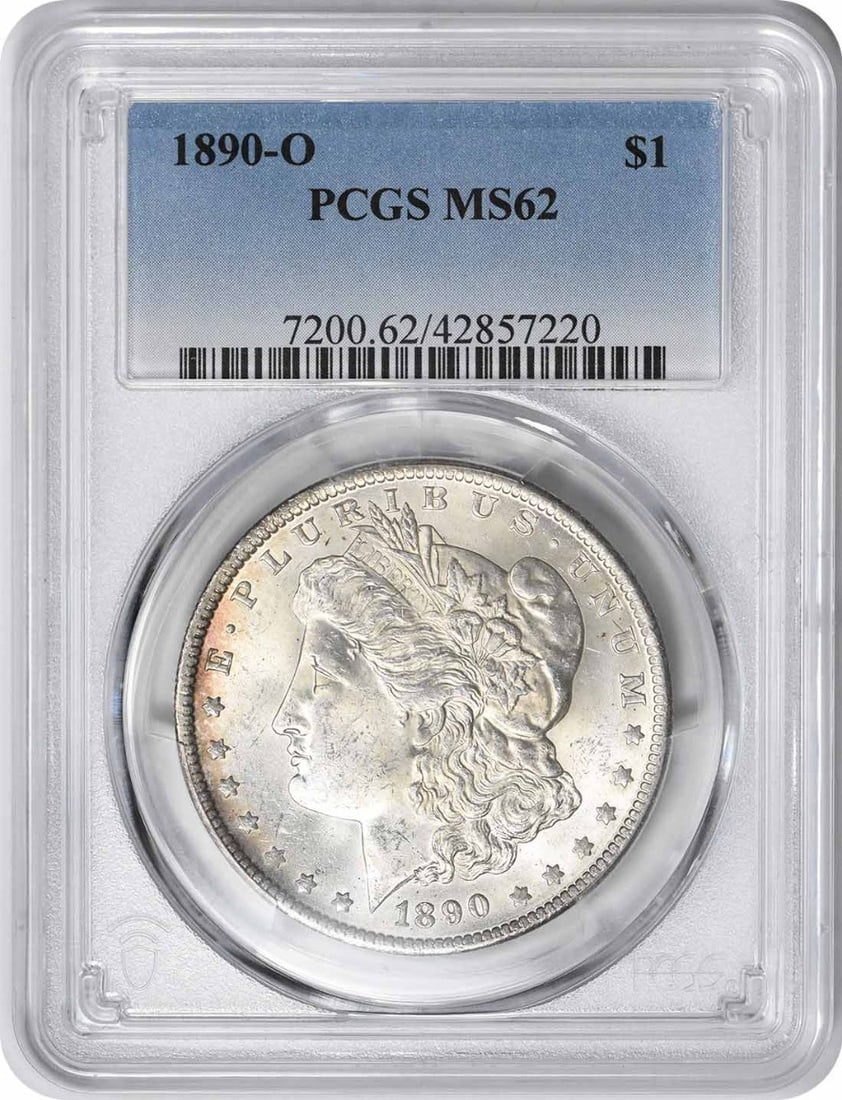 1890-O Morgan Silver Dollar MS62 PCGS Graded Coin: 1890-O Morgan Silver Dollar MS62 PCGS Graded Coin This 1890-O Morgan Silver Dollar is a remarkable collectible featuring the esteemed design by George T. Morgan. Graded MS62 by PCGS, this uncirculated
