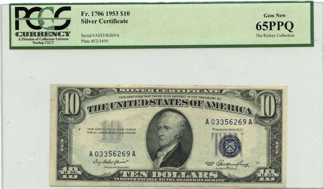 1953 $10 Silver Certificate Fr# 1706 PCGS GEM 65 PPQ: 1953 $10 Silver Certificate Fr# 1706 PCGS GEM 65 PPQ This 1953 $10 Silver Certificate, designated as Fr# 1706, is graded by PCGS as GEM 65 PPQ, indicating it is in uncirculated condition with premium 