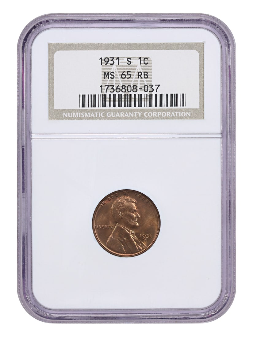 NGC MS65RB 1931-S Lincoln Wheat Cent 1C Red-Brown: NGC MS65RB 1931-S Lincoln Wheat Cent 1C Red-Brown 1931-S Lincoln Cent (Wheat Reverse) in NGC MS65RB grade. This uncirculated 1C coin is from the San Francisco mint and is considered one of the key dat