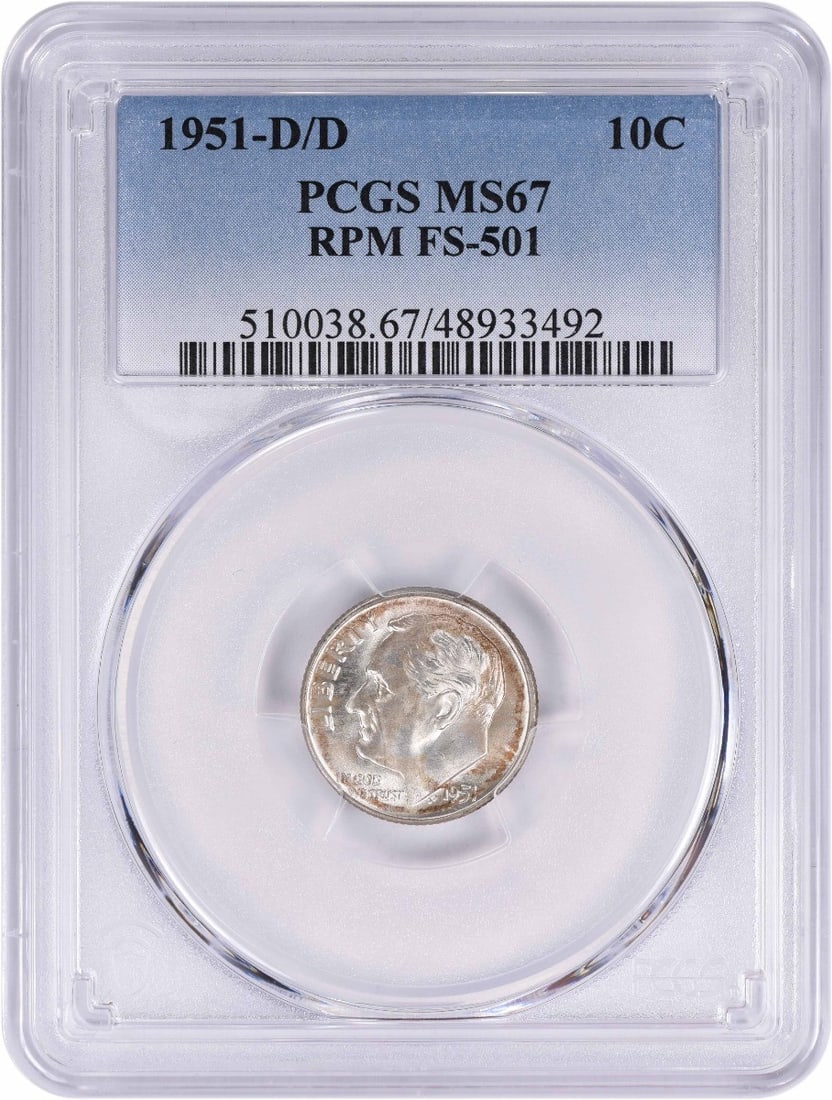 1951-D/D Roosevelt Dime MS67 PCGS Uncirculated 90% Silver: 1951-D/D Roosevelt Dime MS67 PCGS Uncirculated 90% Silver This remarkable 1951-D/D Roosevelt Dime is a stunning example of numismatic artistry, certified by PCGS with a high grade of MS67. Struck in D