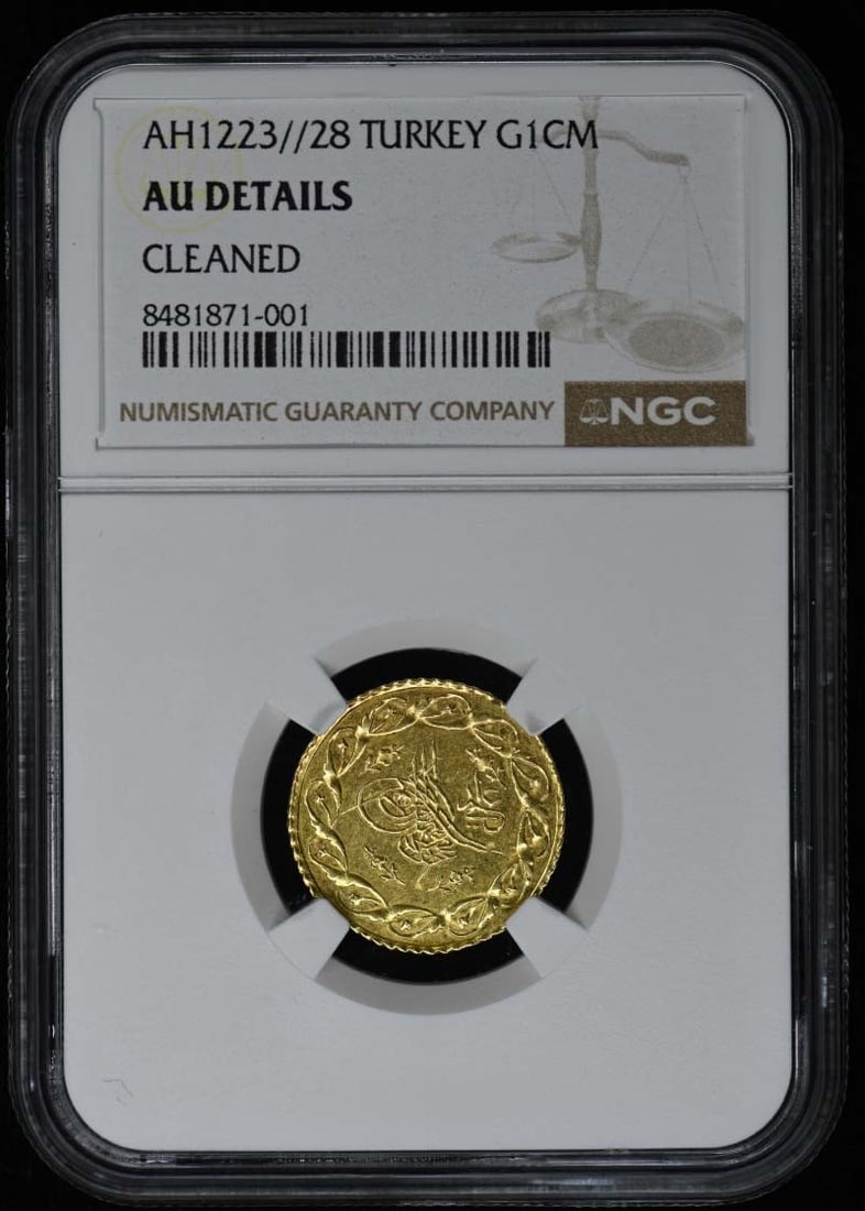 Turkey KM-645 AH1223 28 Qustantiniya Ottoman Mahmud II NGC AU Details: Turkey KM-645 AH1223 28 Qustantiniya Ottoman Mahmud II NGC AU Details This is an uncirculated Ottoman Mahmud II Qustantiniya coin from Turkey, cataloged as KM-645 G1CM. It has been certified by NGC wi