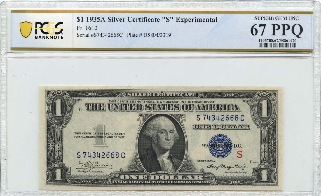 1935A $1 Silver Certificate FR#1610 PCGS Gem 67 PPQ: 1935A $1 Silver Certificate FR#1610 PCGS Gem 67 PPQ This 1935A $1 Silver Certificate Experimental Note (FR#1610) is graded as a Superb Gem 67 PPQ by PCGS, ensuring its exceptional quality. It is uncir