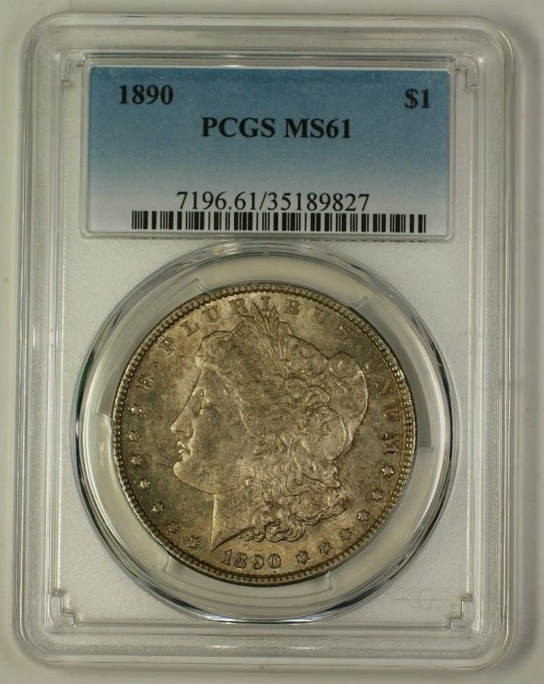 PCGS MS-61 1890 Morgan Dollar Silver Coin Toned Uncirculated Philadelphia: PCGS MS-61 1890 Morgan Dollar Silver Coin Toned Uncirculated Philadelphia This 1890 US Morgan Silver Dollar coin is certified by PCGS with a grade of MS 61. The coin is uncirculated and features natur