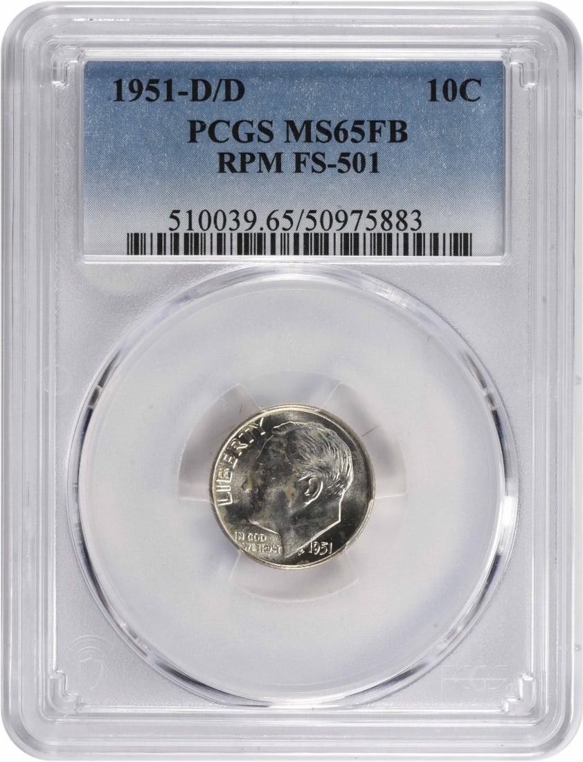 1951-D/D Roosevelt Dime MS65FB Certified PCGS 90% Silver: 1951-D/D Roosevelt Dime MS65FB Certified PCGS 90% Silver This 1951-D/D Roosevelt Dime is a remarkable collectible coin, certified by PCGS with a grade of MS65FB, indicating its superior uncirculated c