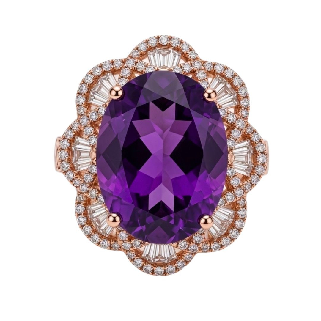 Flower Design 14K Rose Gold Amethyst Diamond Ring Size 7 (1 of 9)
