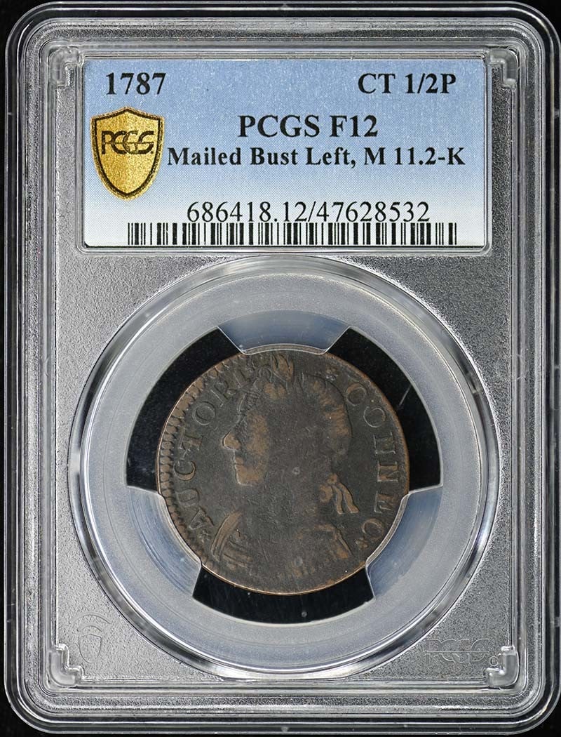 1787 Connecticut Half Penny PCGS F12BN Mailed Bust Left: 1787 Connecticut Half Penny PCGS F12BN Mailed Bust Left This 1787 Connecticut copper half penny features the Mailed Bust Left design, attributed as Miller 11.2-K. The coin has been certified and grade