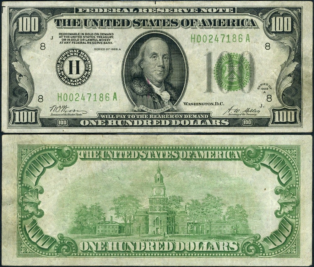 1928-A $100 St Louis Federal Reserve Note FR 2151 H VF+: 1928-A $100 St Louis Federal Reserve Note FR 2151 H VF+ This is a 1928-A $100 Federal Reserve Note from St. Louis, featuring the H-A Block and Gold Demand clause. The note is circulated and graded VF+