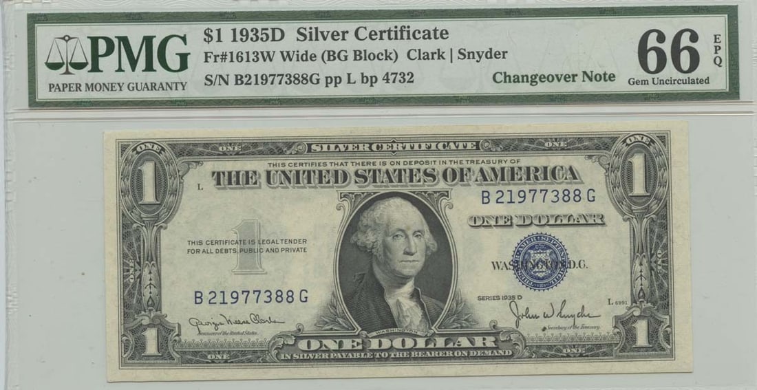 PMG MS66 1935D Changeover $1 Silver Certificate Wide Narrow EPQ: PMG MS66 1935D Changeover $1 Silver Certificate Wide Narrow EPQ This listing features a 1935D $1 Silver Certificate with PMG certification, graded MS66. The note is uncirculated and presents as a chan