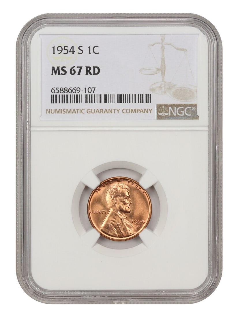 1954-S Lincoln Cent NGC MS67 RD Blazing Red Gem: 1954-S Lincoln Cent NGC MS67 RD Blazing Red Gem This stunning 1954-S Lincoln Cent is graded NGC MS67 RD, showcasing exceptional quality and a blazing red hue. As an uncirculated coin from the San Fran